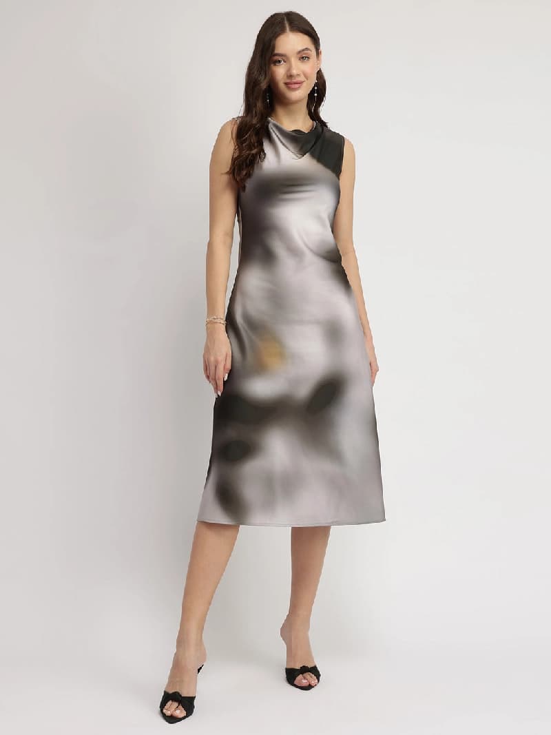 Women's Grey Party Printed Dress
