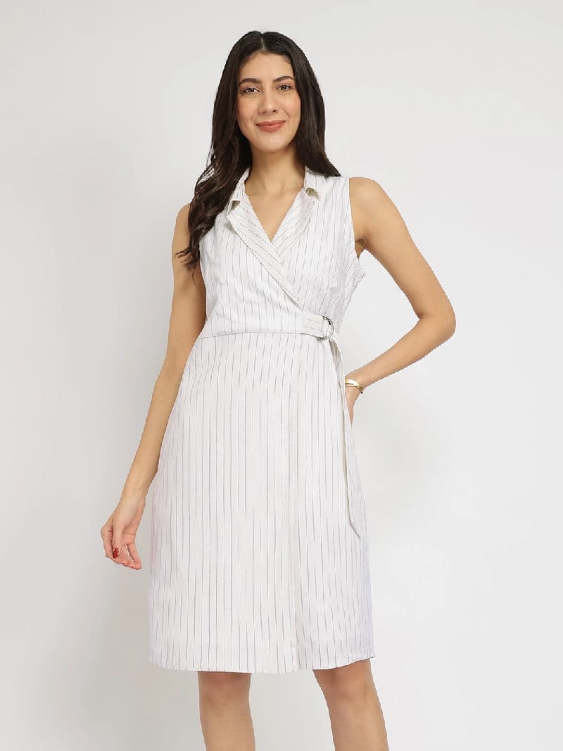 Women's White Formal Striped Dress