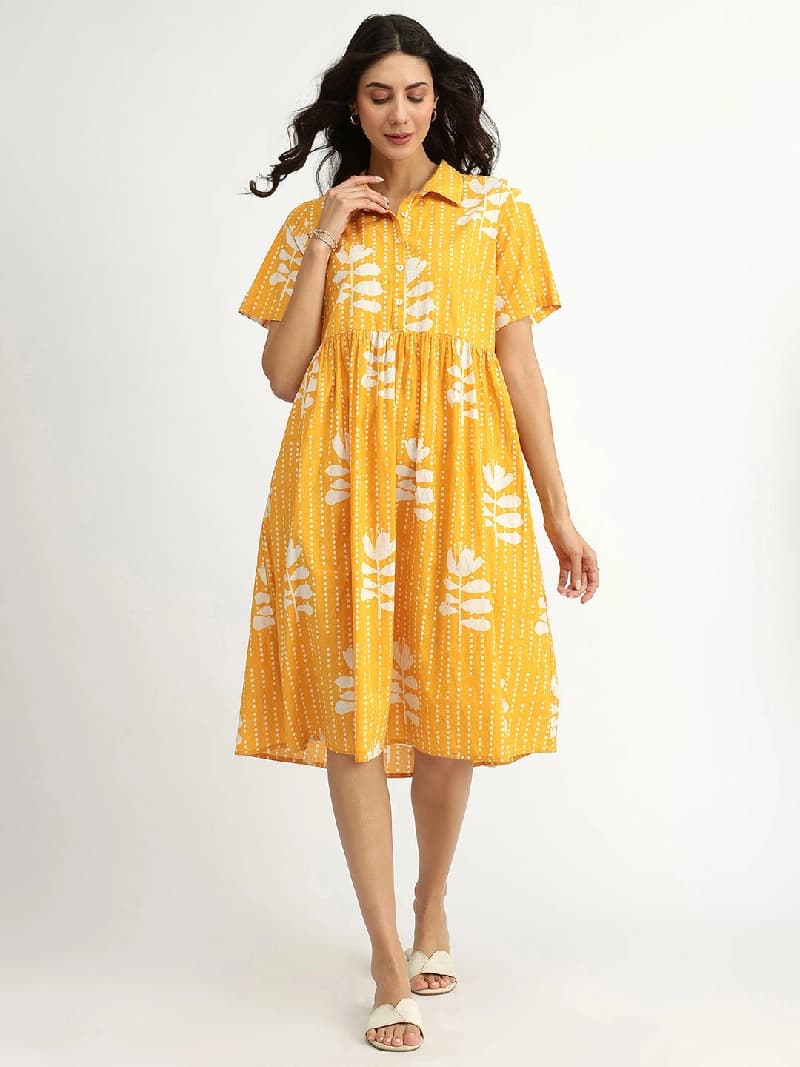 Women's Yellow Casual Printed Dress