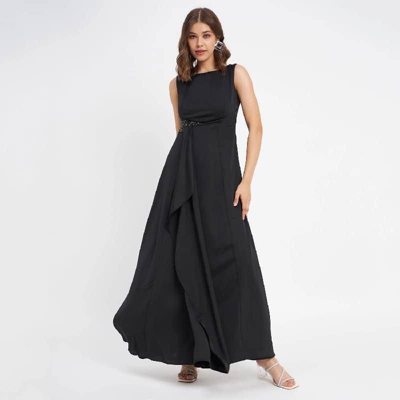 Women's Black Party Solid Regular Fit Dress
