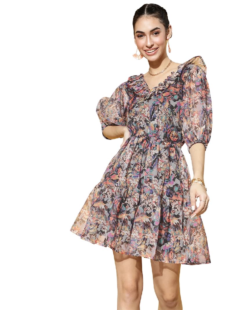 Women's Brown Casual Printed Regular Fit Dress