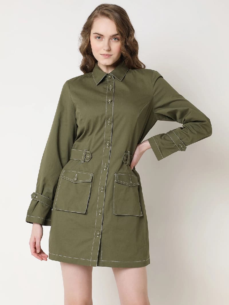 Women's Green Casual Solid Skinny Fit Dress