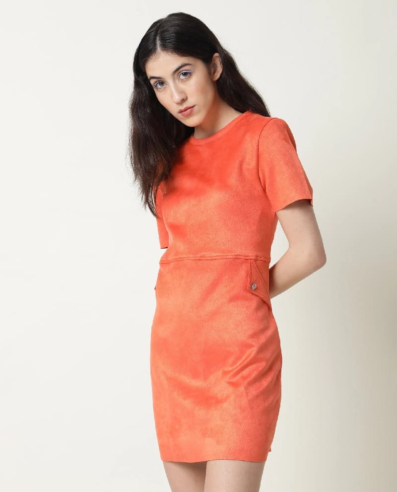 Women's Orange Casual Solid Regular Fit Dress