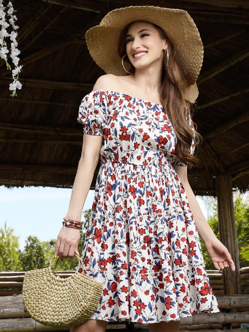 Women's White Casual Printed Dress