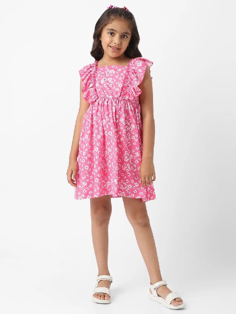 Girls Pink Casual Printed Frock
