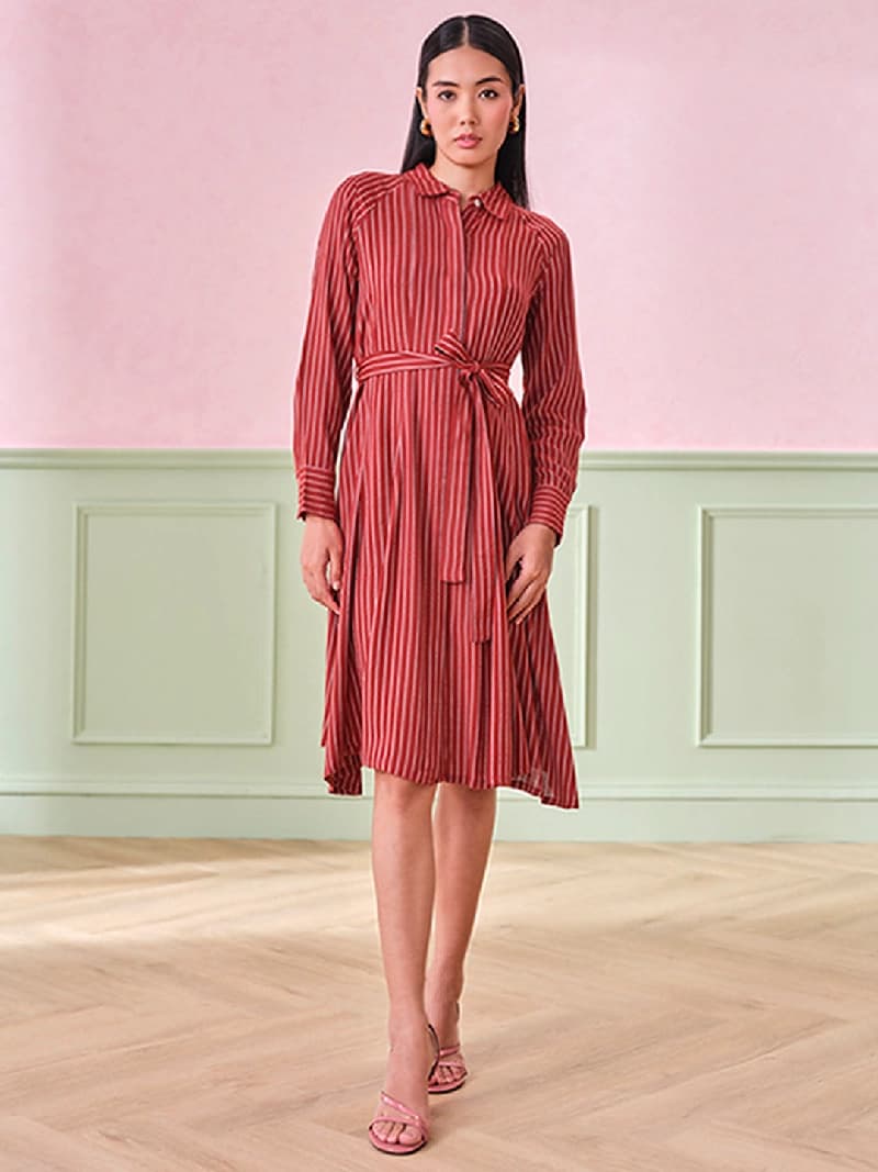 Women's Red Formal Striped Regular Fit Dress