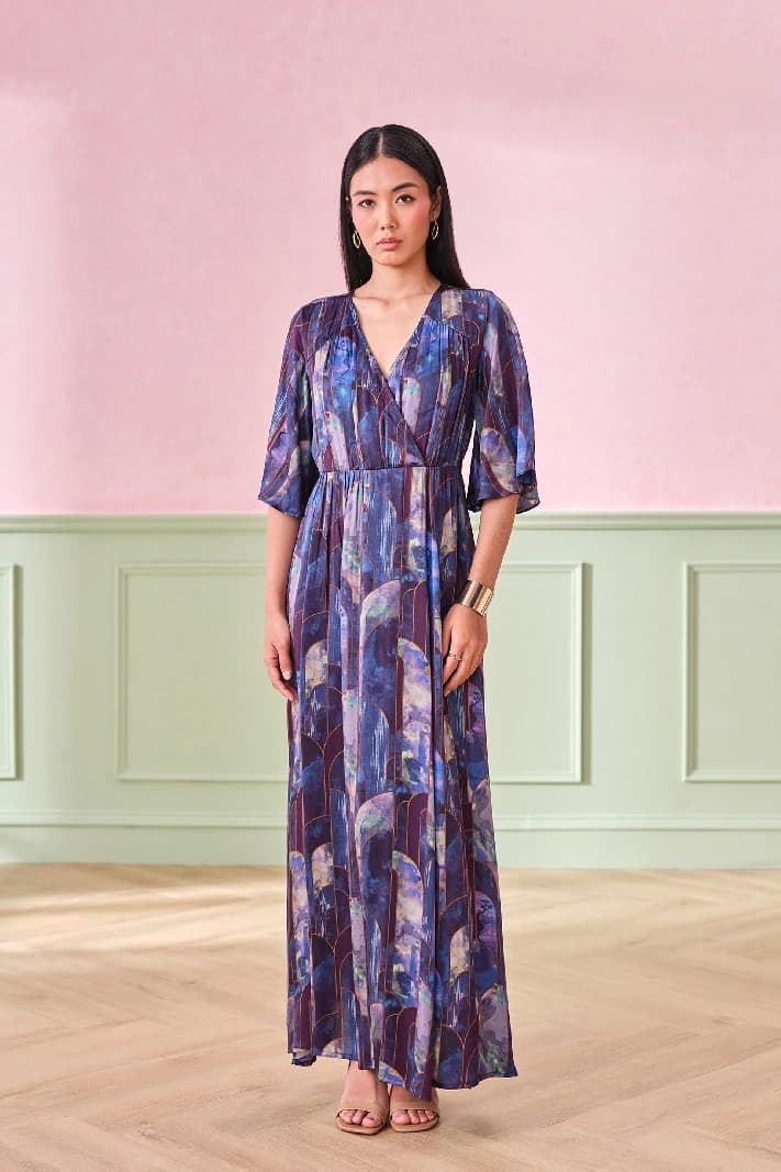 Women's Blue Party Printed Regular Fit Dress