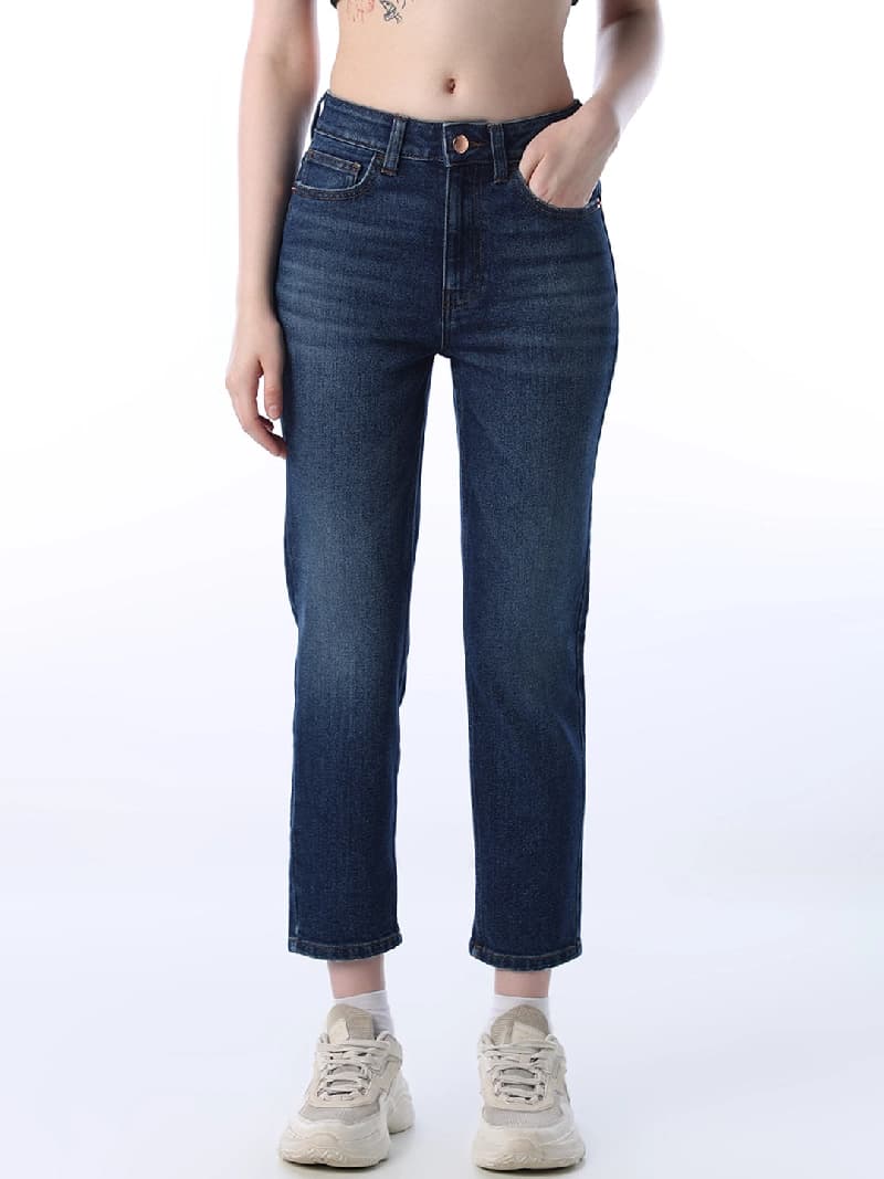 Women's Blue Casual Mid Rise Straight Fit Jeans
