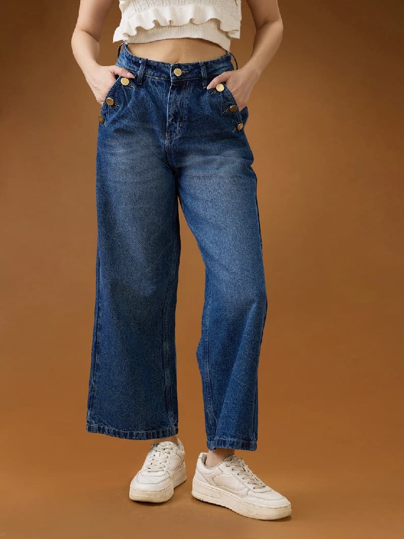 Women's Blue Casual Solid Wide Leg Jeans