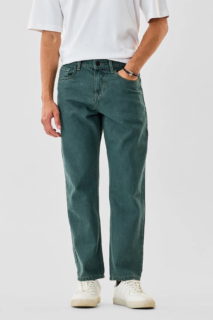 Men's Green Casual Solid Baggy Fit Jeans