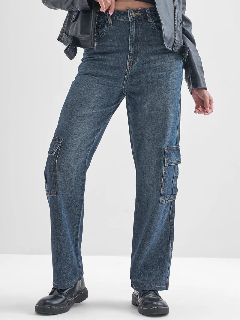 Women's Dark Blue Casual Mid-Rise Cargo Styles Stretchable Jeans