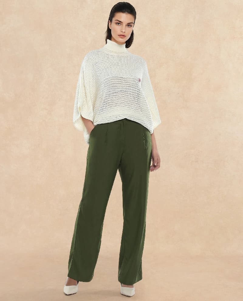 Women's Green Formal Solid Wide Leg Trouser