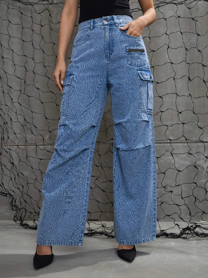 Women's Blue Casual Solid Wide Leg Jeans