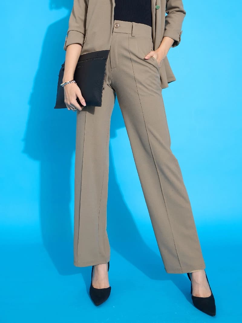 Women's Beige Casual Solid Straight Fit Trouser