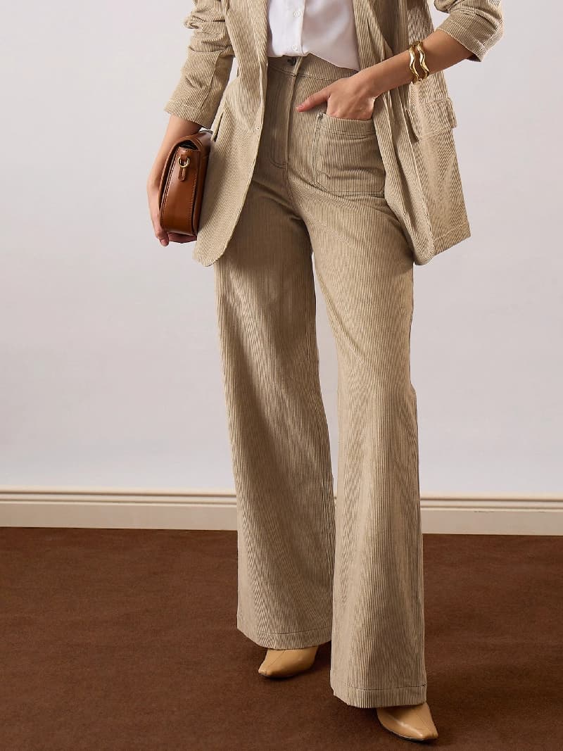Women's Beige Casual Solid Wide Leg Trouser