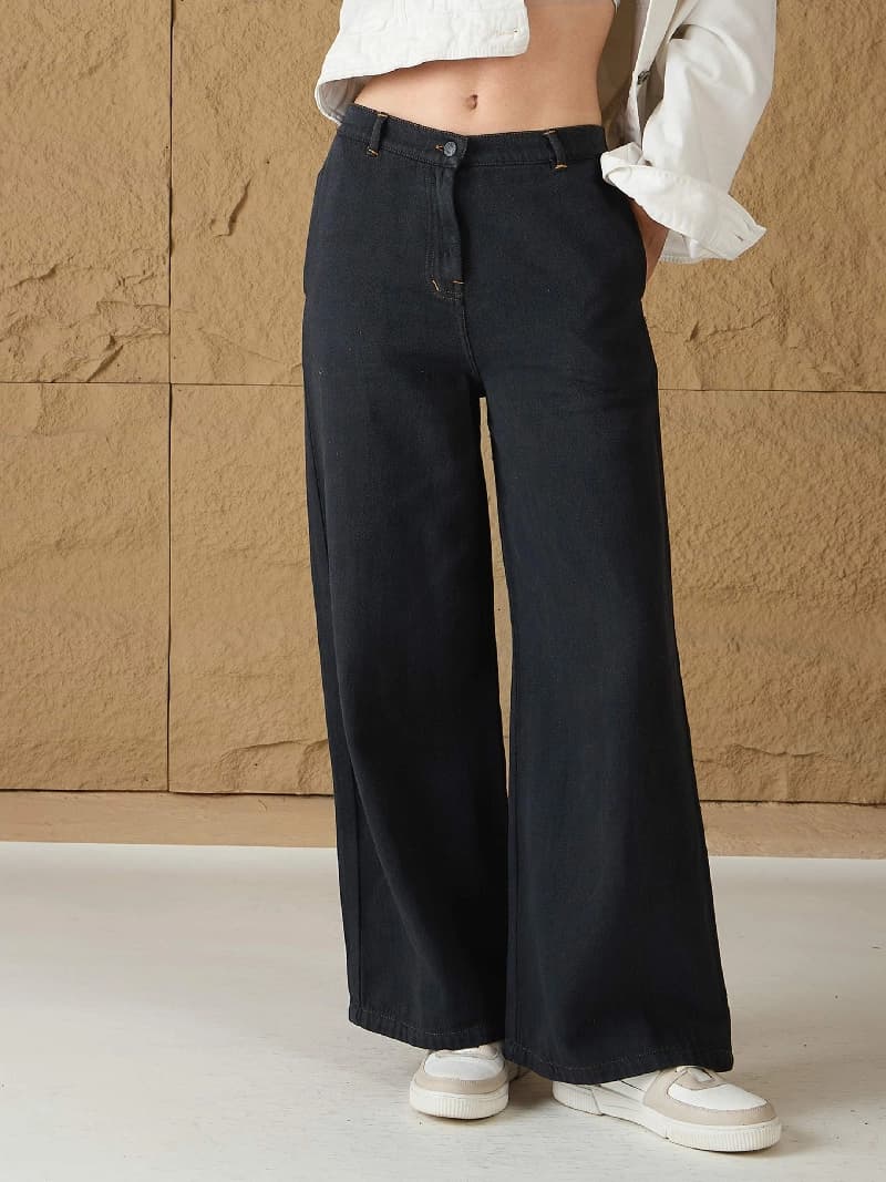 Women's Grey Casual Solid Wide Leg Jeans