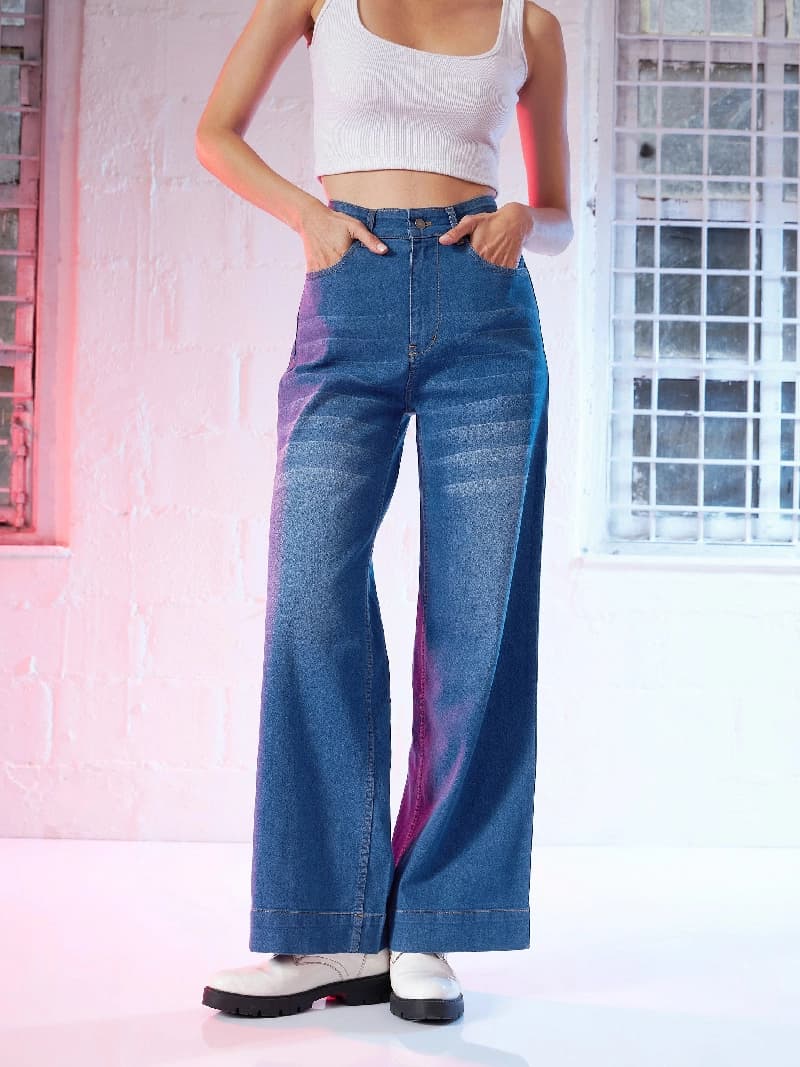 Women's Blue Casual Solid Wide Leg Jeans