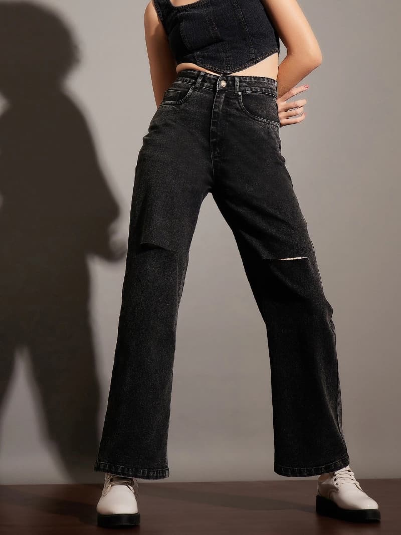 Women's Black Casual Solid Straight Fit Jeans