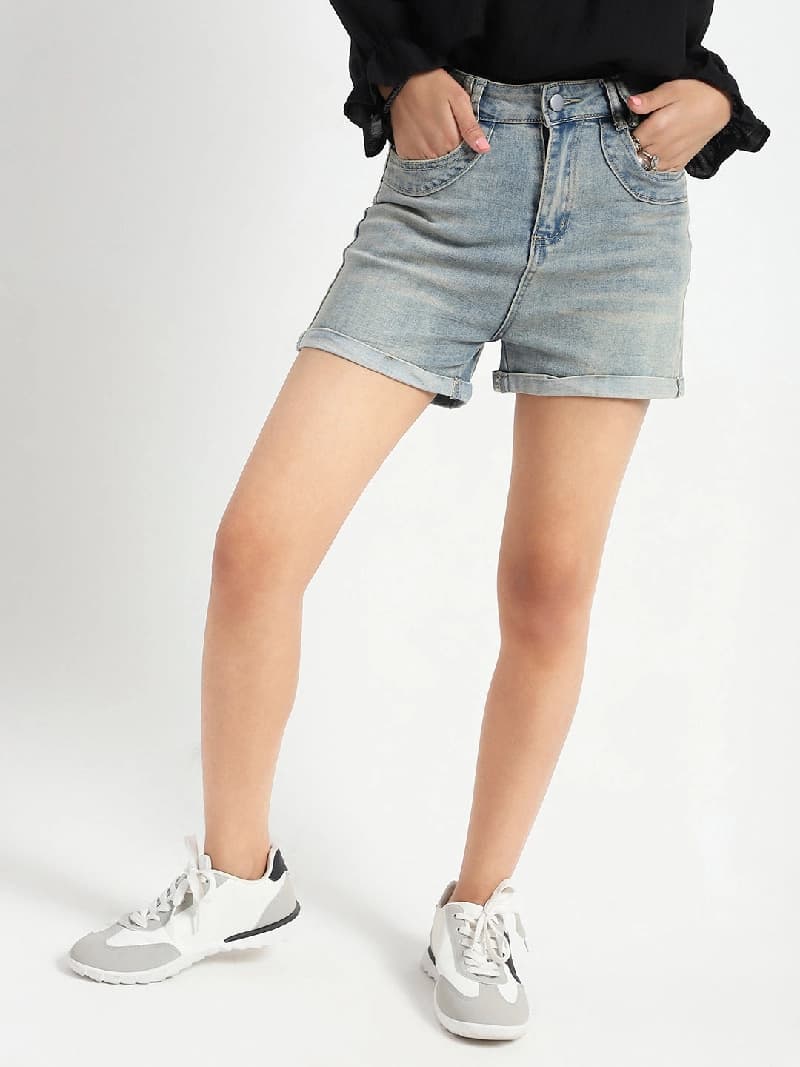 Women's Grey Casual Solid High Rise High Waist Vintage Look Denim Shorts