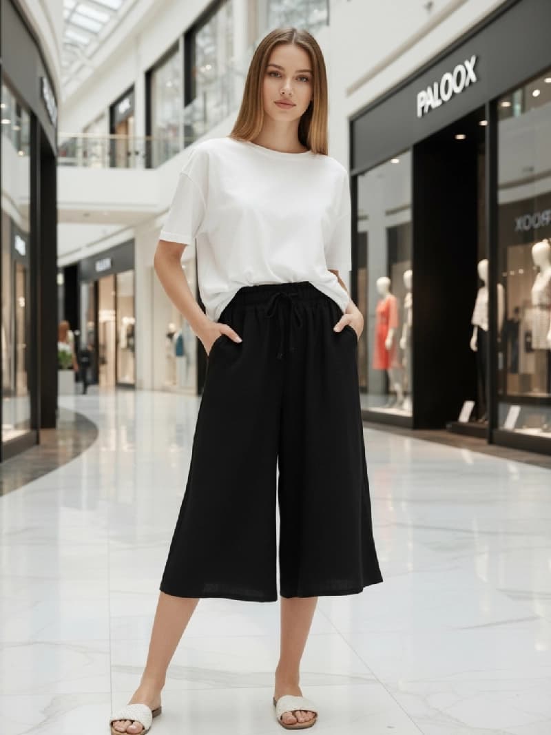 Women's Black Casual Solid Wide Leg Trouser