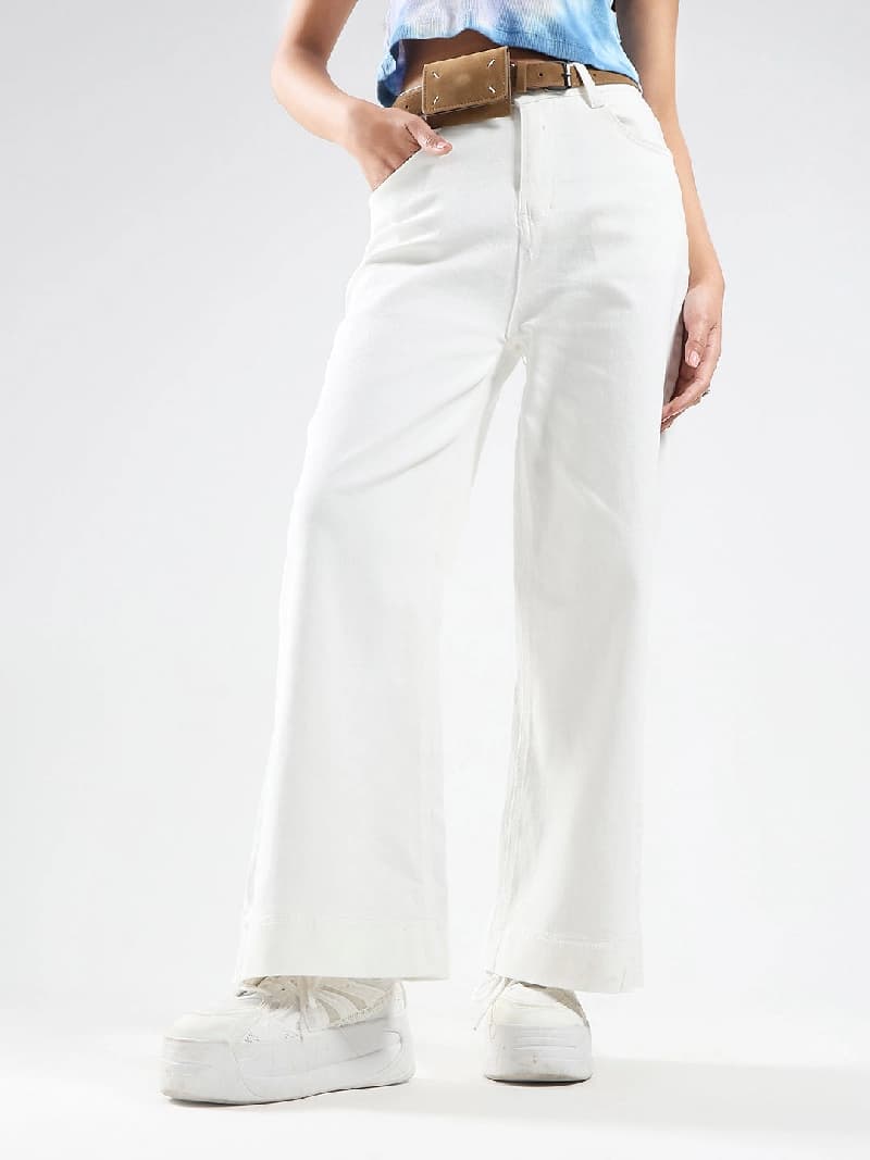 Women's White Casual Wide Leg Jeans