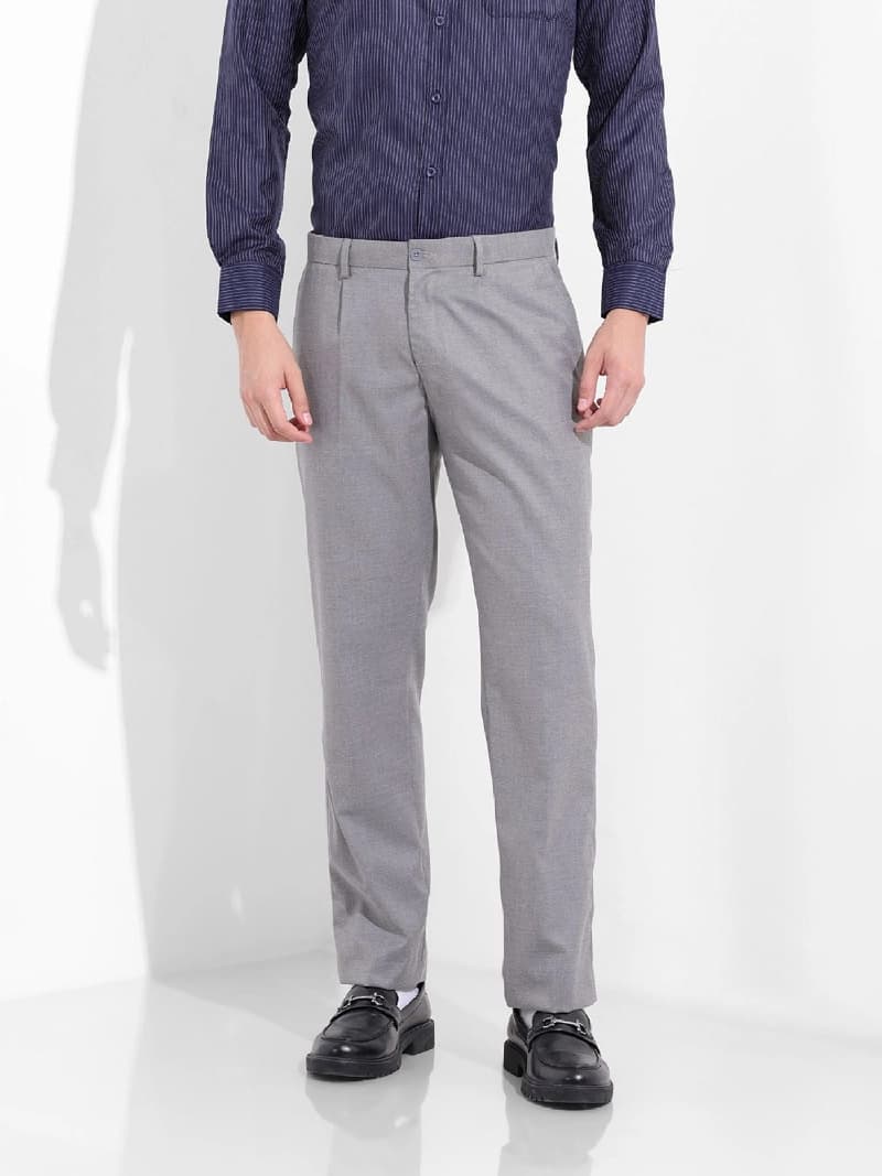 Men's Grey Formal Solid Regular Fit Trouser