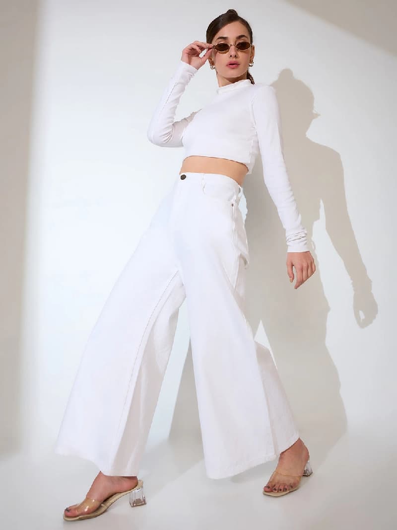 Women's White Casual Solid Flared Fit Jeans