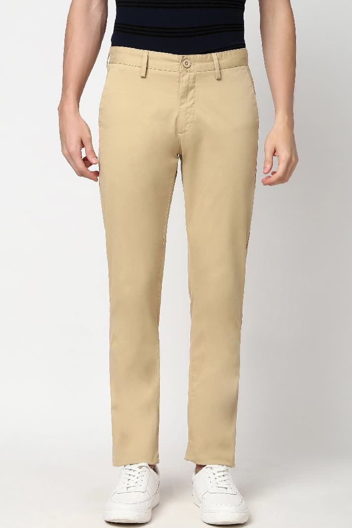 Men's Beige Casual Solid Slim Fit Trouser