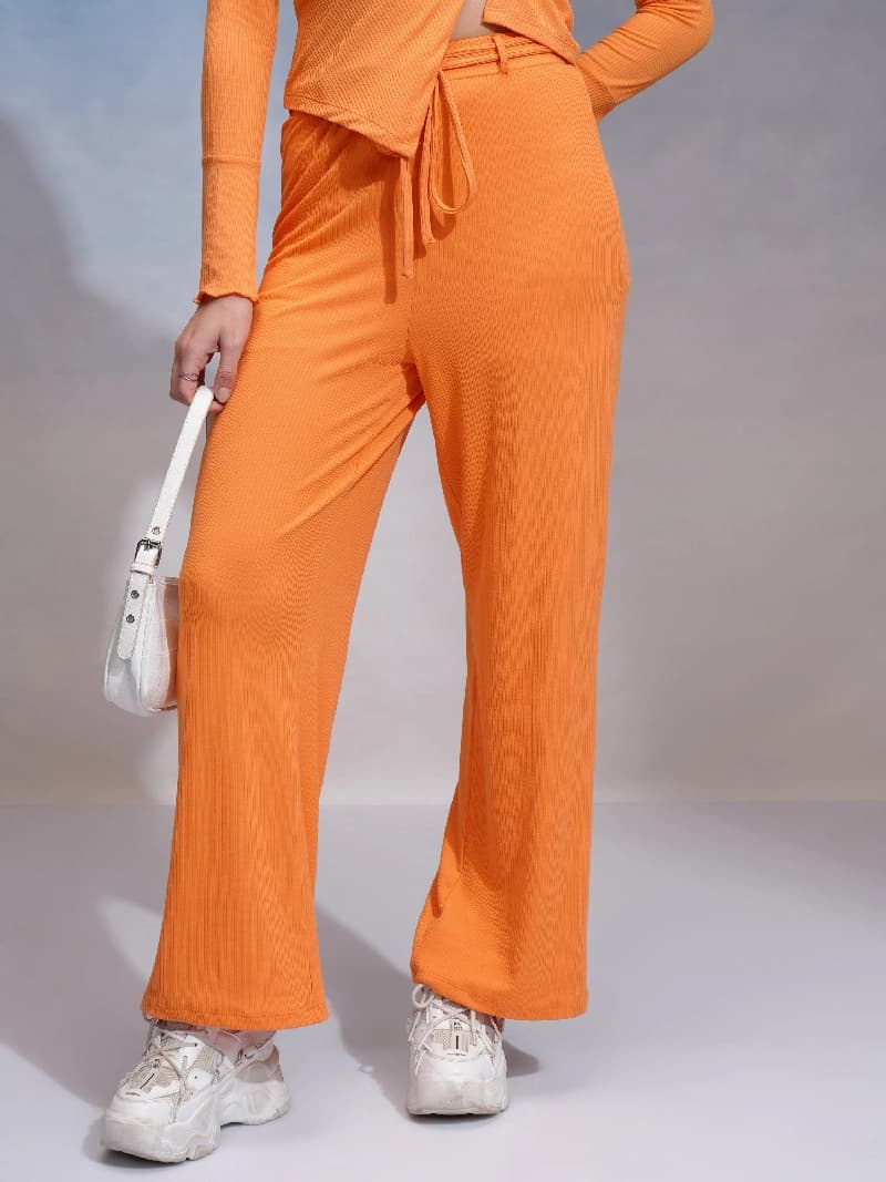 Women's Orange Casual Solid Wide Leg Trouser