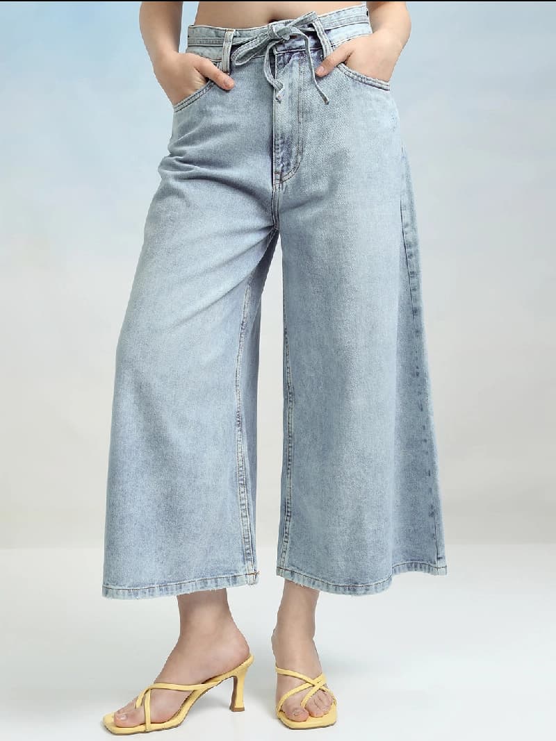 Women's Blue Casual Solid Wide Leg Jeans