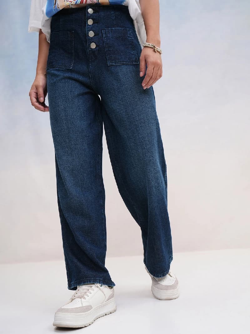 Women's Blue Casual Solid Straight Fit Jeans