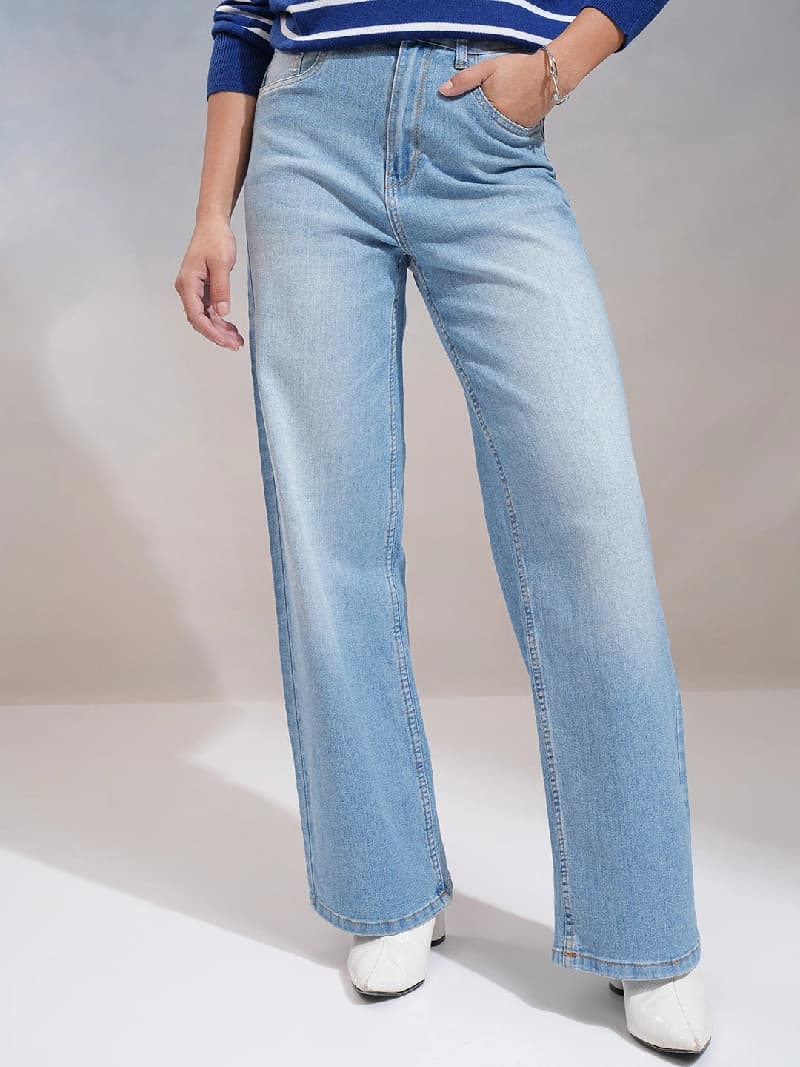 Women's Blue Casual Solid Wide Leg Jeans