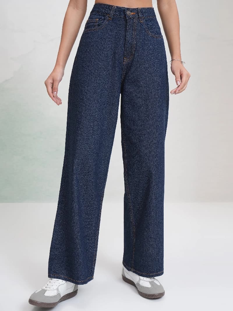 Women's Blue Casual Solid Wide Leg Jeans