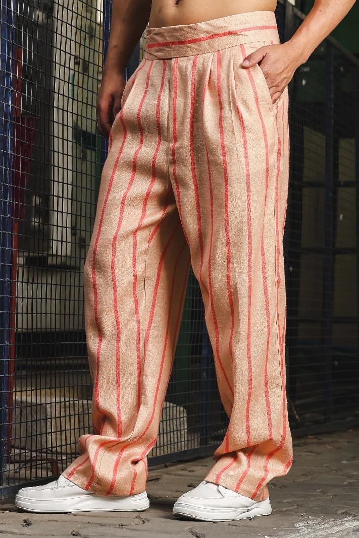 Unisex Beige Casual Striped Baggy Fit Trouser
