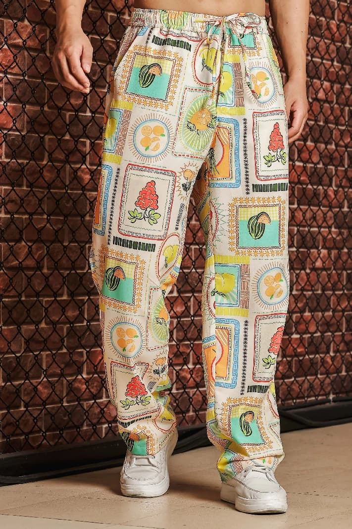 Unisex Beige Casual Printed Baggy Fit Trouser