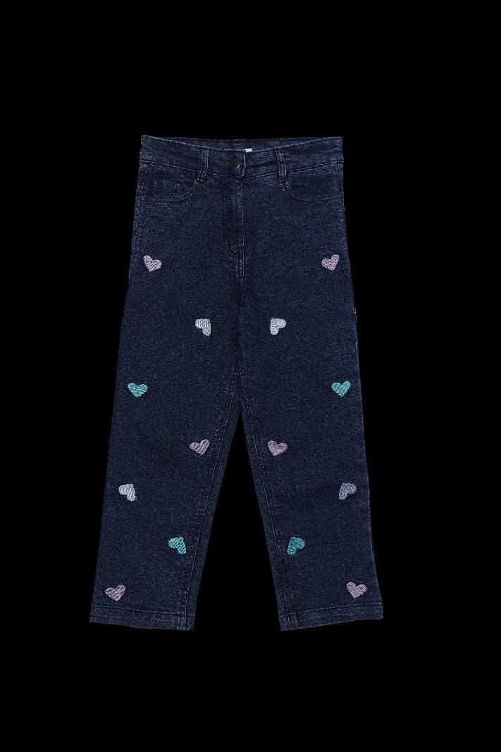 Girls Blue Straight Fit Heart Embroidery Jeans