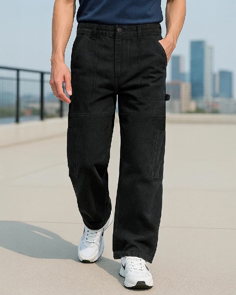 Men's Black Casual Solid Baggy Fit Jeans