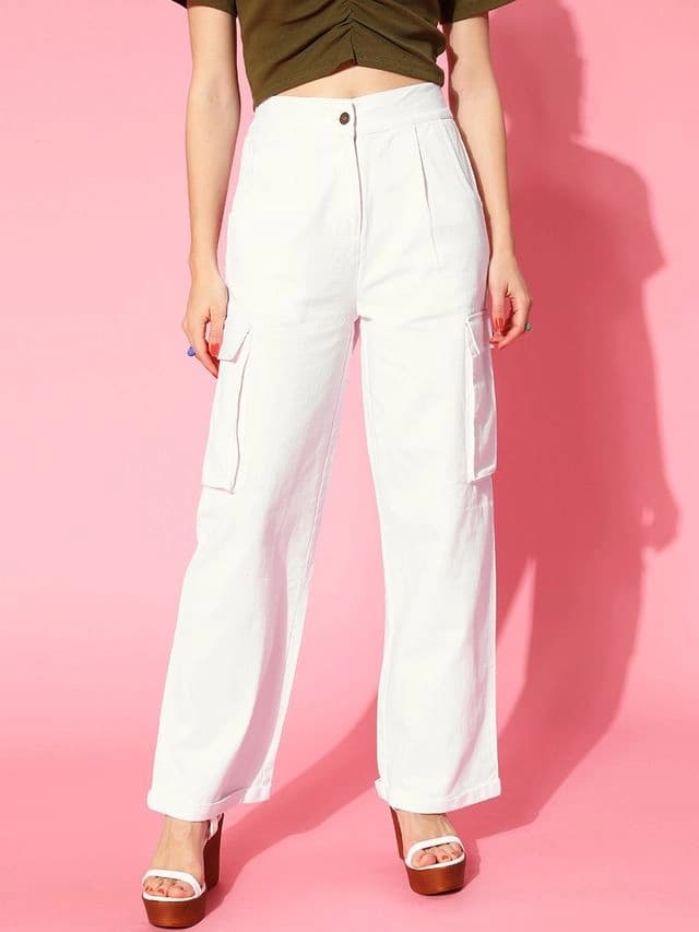 Women's White Casual Solid Straight Fit Cargo