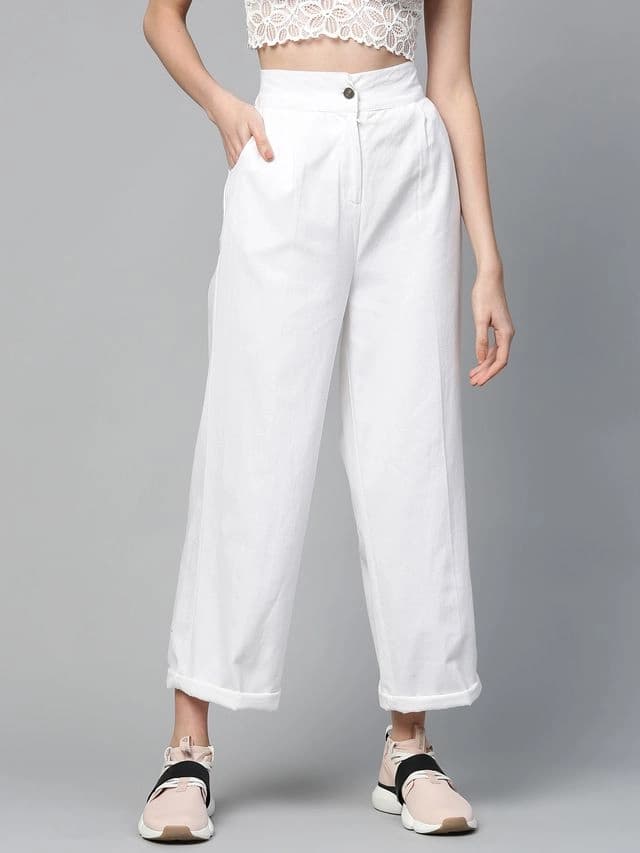 Women's White Casual Solid Straight Fit Trouser