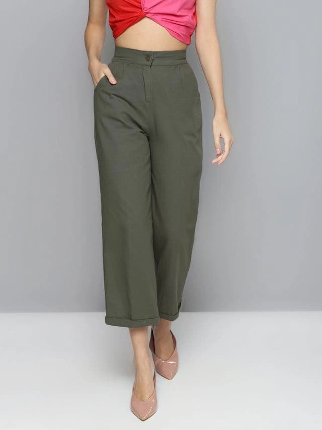 Women's Green Casual Solid Straight Fit Trouser