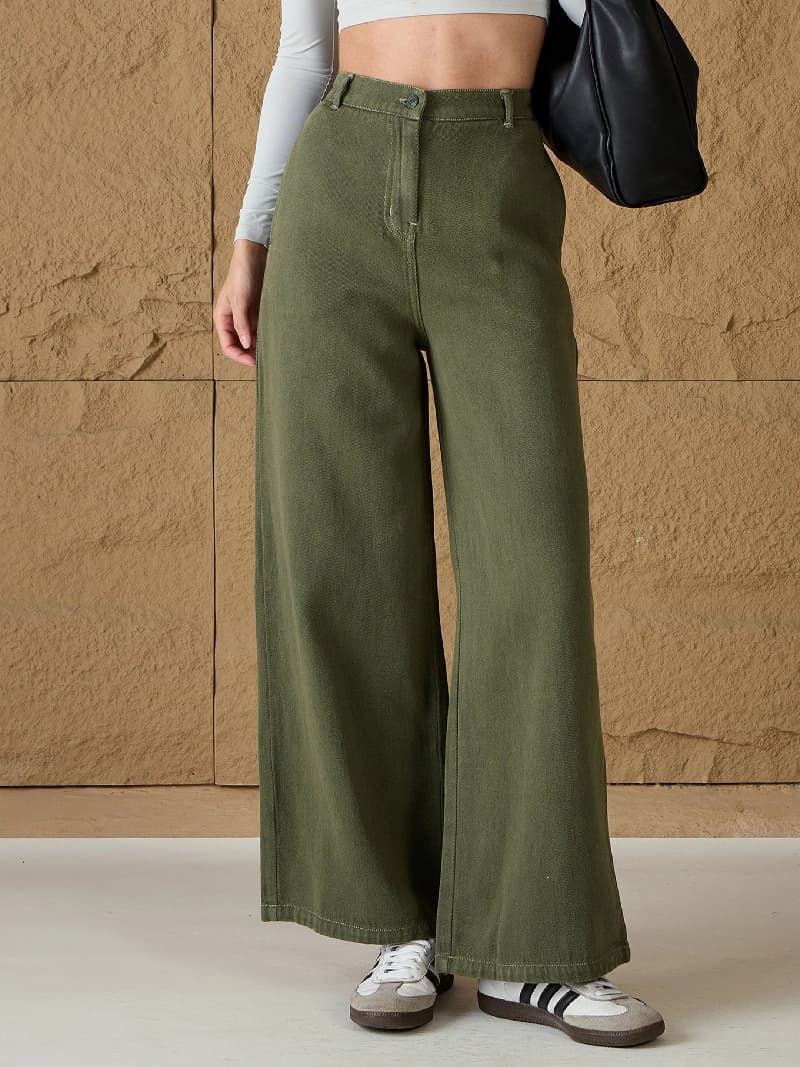 Women's Green Casual Flared Fit Trouser