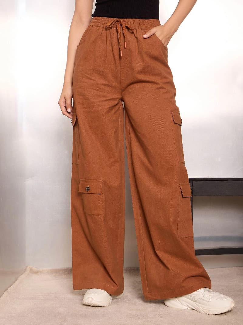 Women's Brown Casual Baggy Fit Cargos