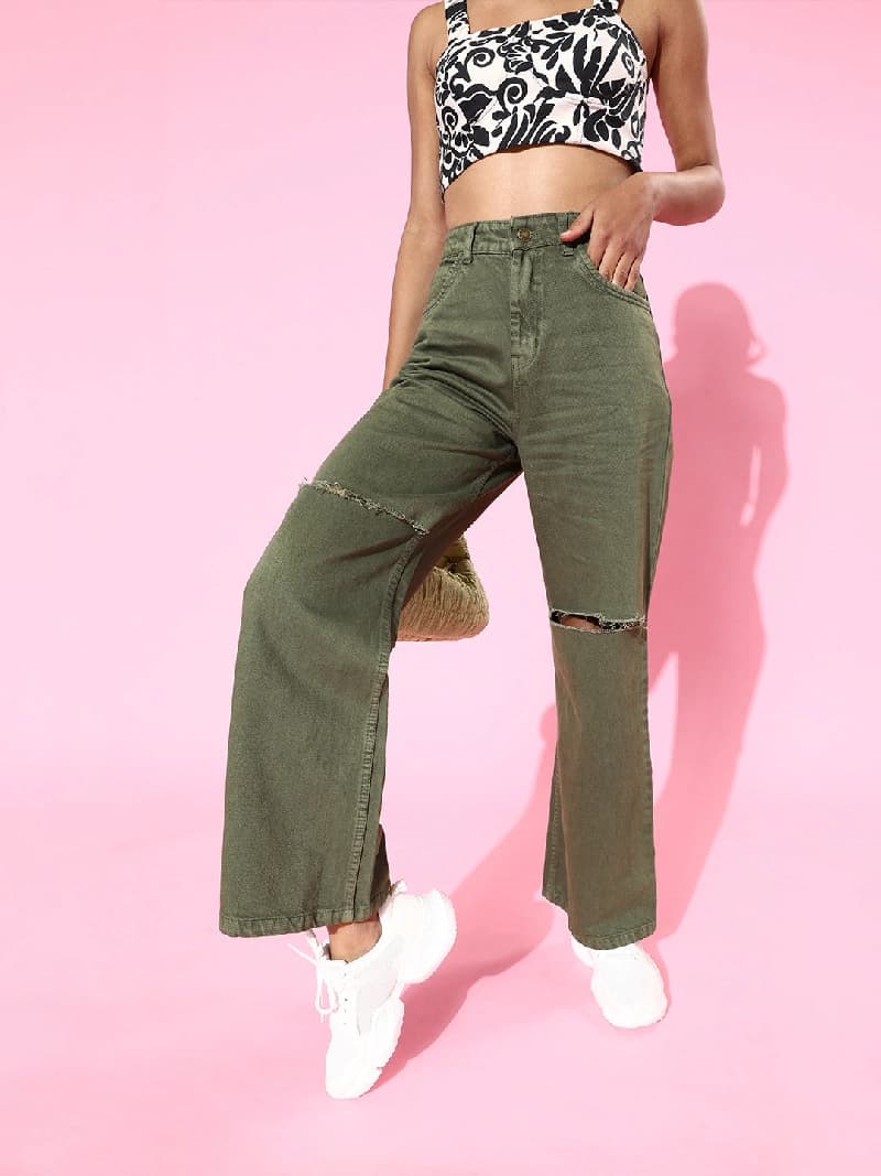 Women's Olive Casual Wide Leg Jeans