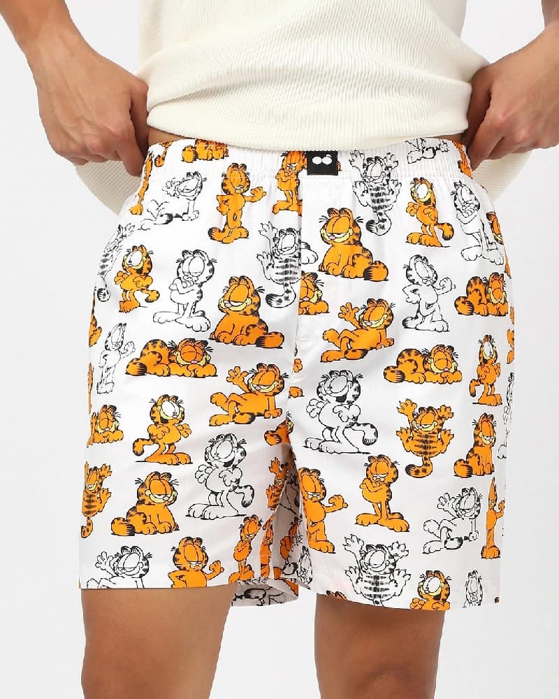 Men's White Garfield All Over Printed Lounge Wear Boxer