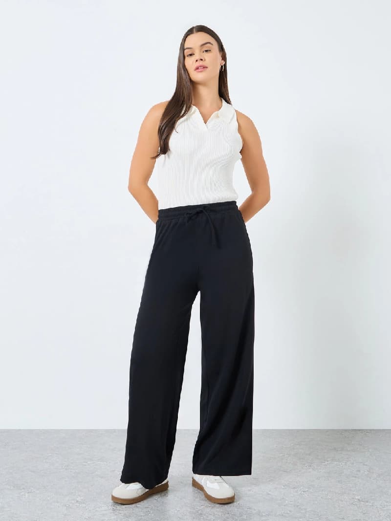 Women's Wide Leg Jogger with Side Slit | Black