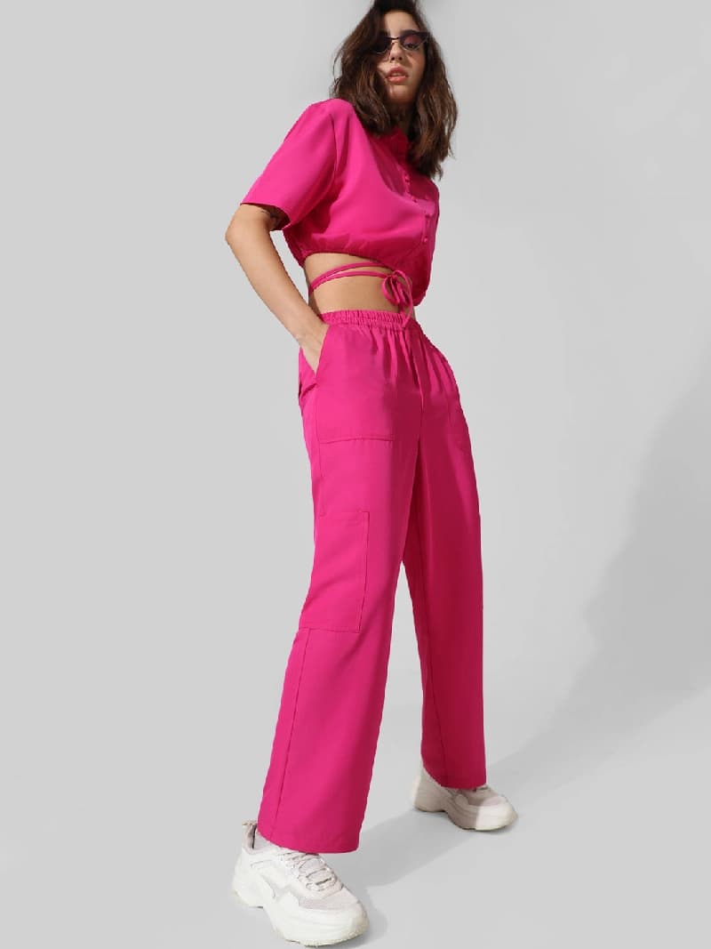 Women's Pink Woven Casual Solid Regular Fit Pant