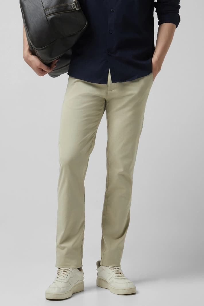 Men's Beige Casual Solid Straight Fit Trouser