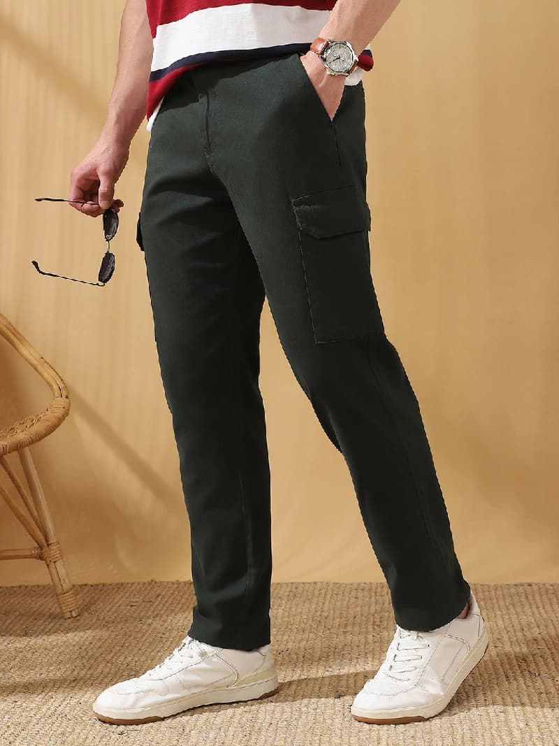 Men's Green Casual Solid Straight Fit Trouser