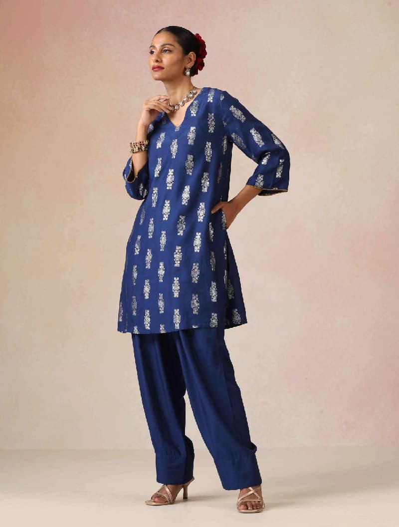 Women's Blue Festive Three Quarter Sleeves Co-ord Set