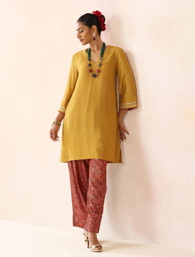 Women's Mustard Festive Three Quarter Sleeves Co-ord Set